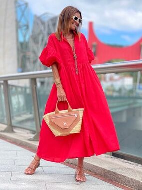 Marielle Almelo Crimson Button-Front Midi Dress with Puff Sleeves One Size